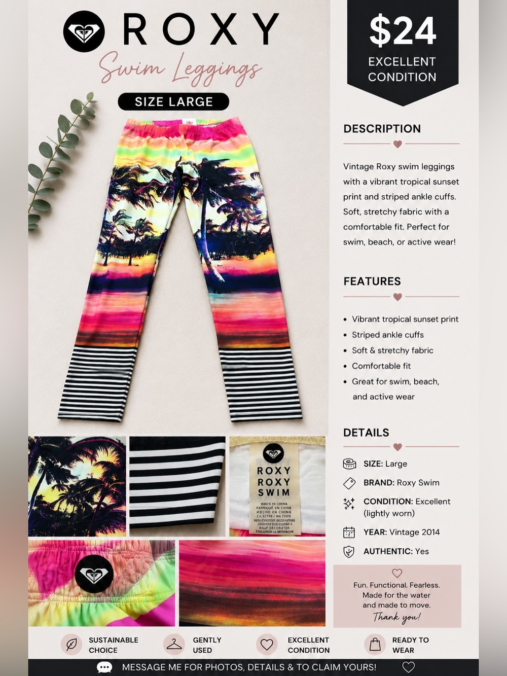 Roxy women's Swim Leggings - Tropical Sunset Stripe (Large)